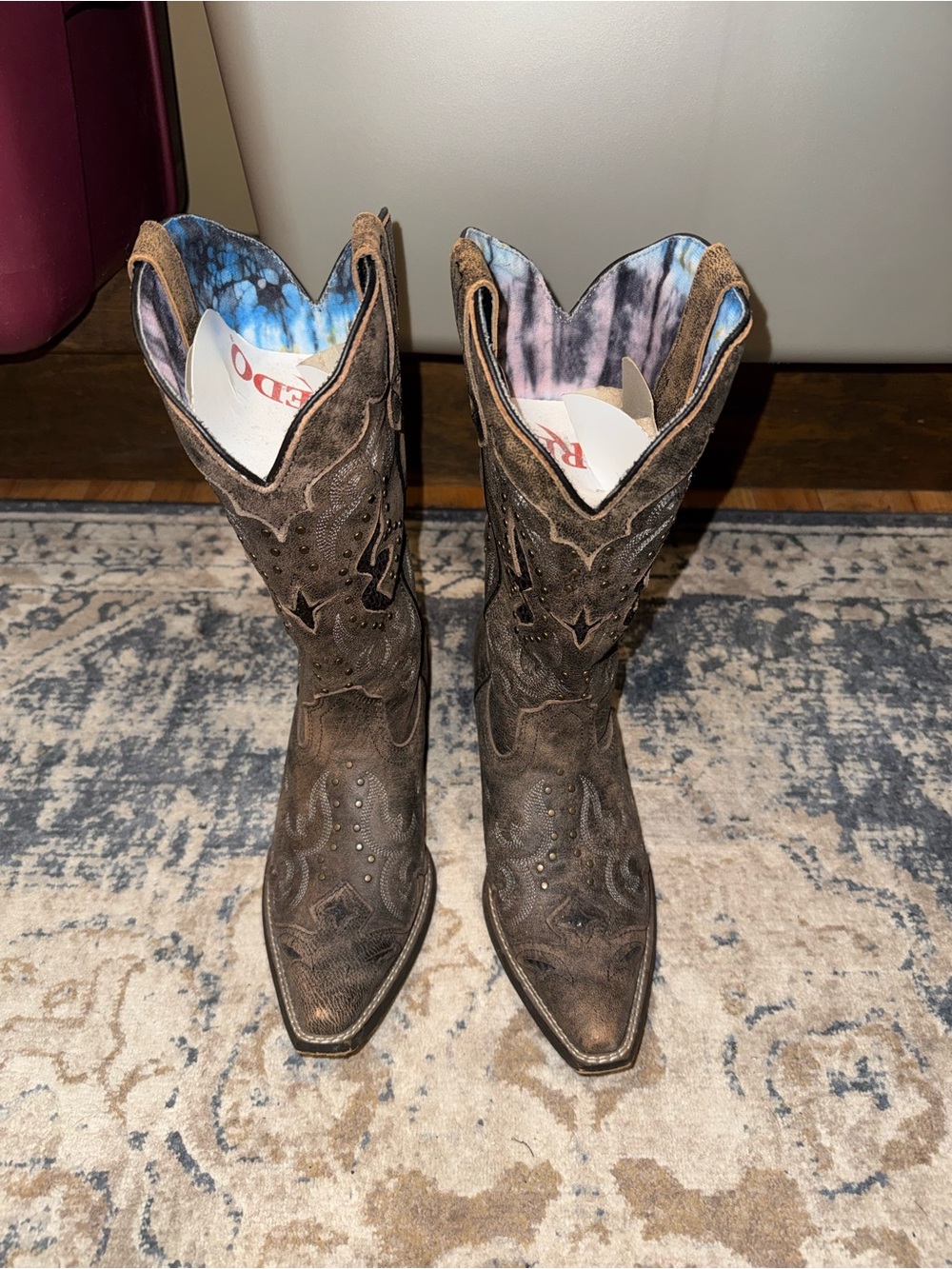 Laredo Brown Distressed Leather Heeled Cowboy Boots with Blue Tie-Dye Lining